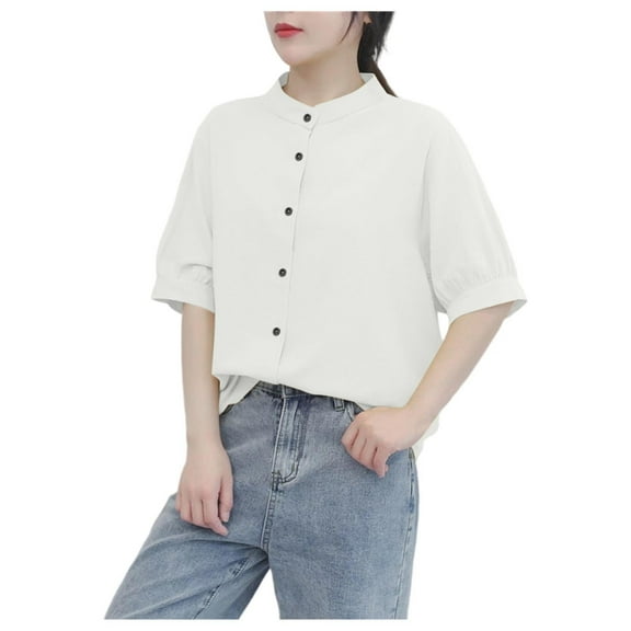 Uaswgudfs ​Casual Women Blouses: Summer Tops with Mandarin Collar, Button Placket & Elastic Cuffs in Trendy Lightweight Cotton