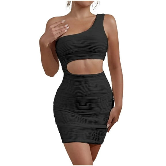 Uaswgudfs ​Chic Sleeveless Midi Dress - Summer 2025 Trend: One-Shoulder Cut-Out Bodycon with Wavy Texture & Figure-Hugging Design for Parties or Casual Nights Black M