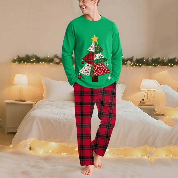 Uaswgudfs Christmas Dad Pajamas Set, Family Matching Patchwork Christmas Tree Plaid Print Long Sleeve Round Neck Top with Dual Pocket Pants, Festive Holiday Sleepwear Loungewear for Men