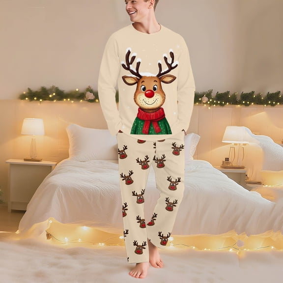 Uaswgudfs Christmas Dad Pajamas Set, Family Matching Reindeer Print Long Sleeve Round Neck Top with Dual Pocket Pants, Festive Holiday Sleepwear Loungewear for Men