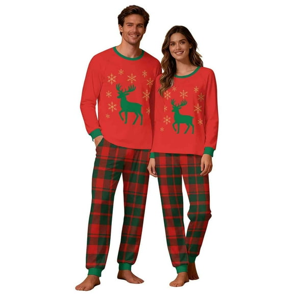 Uaswgudfs Christmas Family Matching Pajamas Mom’s Set, Reindeer & Snowflake Print Long Sleeve Crew Neck Top   Dual Pocket Plaid Pants, Festive Holiday Sleepwear for Mom – Walmart Bestseller