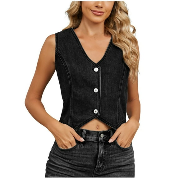 Uaswgudfs Contemporary Women's Slim-Fit Denim Vest - Asymmetric Hemline V-Neck with Contrast White Button Trim Black L