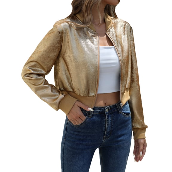 Uaswgudfs ​Cropped Bomber Jacket: Women's Autumn Stand Collar Zip-Up with Textured Sheen Fabric - Sleek Layering Essential