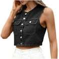 thumbnail image 1 of Uaswgudfs ​Cropped Denim Vest: Women's Autumn Collarless Button-Front Jacket with Chest Pockets - Sleeveless Fitted Style​, 1 of 7