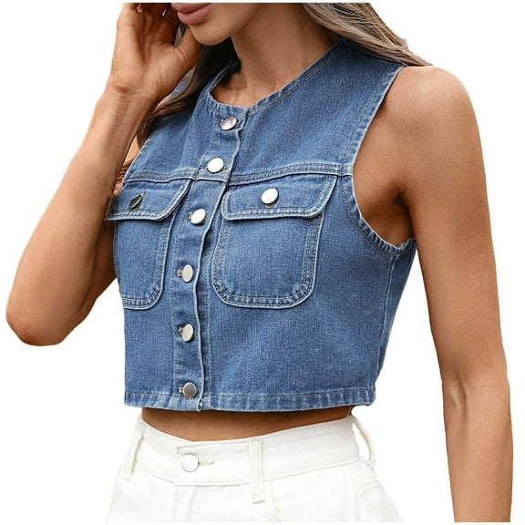 Uaswgudfs ​Cropped Denim Vest: Women's Autumn Collarless Button-Front Jacket with Chest Pockets - Sleeveless Fitted Style​