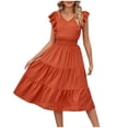 thumbnail image 1 of Uaswgudfs Effortless Womens Summer Dresses : V-Neck Short Sleeve Dress with Ruffle Sleeves & Elastic Waist - Lightweight Tiered Skirt Casual Midi Dress Design Orange XL, 1 of 6