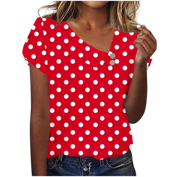 Uaswgudfs ​Elegant Polka Dot Women's Blouses for Summer​ - V-Neck Short Sleeve with Button Accents & Lightweight Fabric