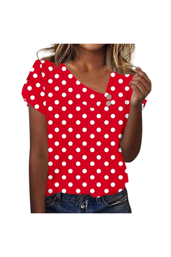​Elegant Polka Dot Women's Blouses for Summer​ - V-Neck Short Sleeve with Button Accents & Lightweight Fabric