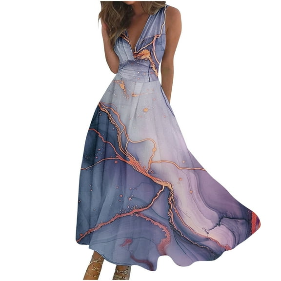 Uaswgudfs ​Elegant V-Neck Floral Midi Dress for Women 2025 - Sleeveless Summer Sundress with Fitted Silhouette & Casual Elegance Blue-C M