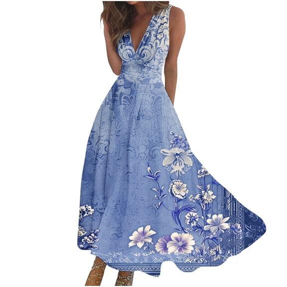 Uaswgudfs ​Elegant V-Neck Floral Midi Dress for Women 2025 - Sleeveless Summer Sundress with Fitted Silhouette & Casual Elegance Blue-E M