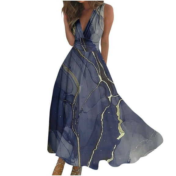 Uaswgudfs ​Elegant V-Neck Floral Midi Dress for Women 2025 - Sleeveless Summer Sundress with Fitted Silhouette & Casual Elegance Blue-F M