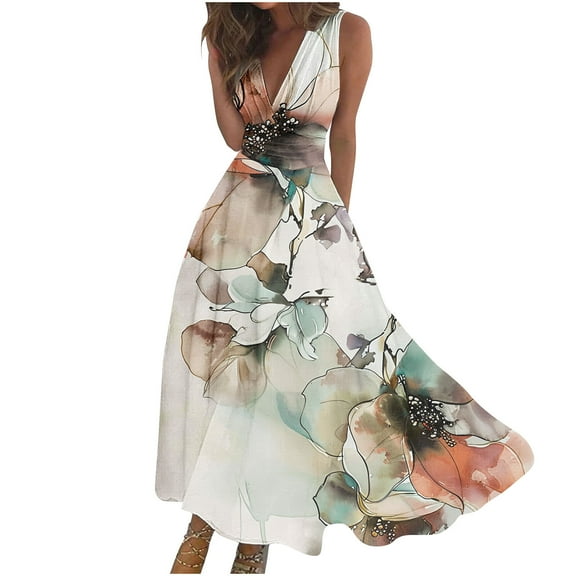 Uaswgudfs Elegant V-Neck Floral Midi Dress for Women 2025 - Sleeveless Summer Sundress with Fitted Silhouette & Casual Elegance Green XL
