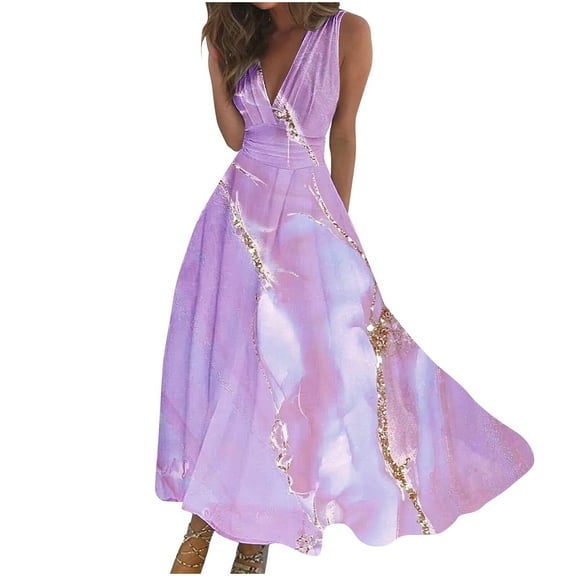 Uaswgudfs ​Elegant V-Neck Floral Midi Dress for Women 2025 - Sleeveless Summer Sundress with Fitted Silhouette & Casual Elegance Purple M