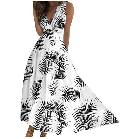Uaswgudfs ​Elegant V-Neck Floral Midi Dress for Women 2025 - Sleeveless Summer Sundress with Fitted Silhouette & Casual Elegance White-E 3XL