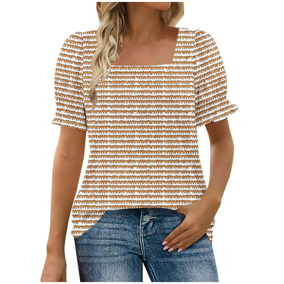 Uaswgudfs Elegant Women Blouses Summer Tops Casual Short Sleeve Square Neckline Blouse with Ruffle Cuffs & Delicate Floral Embroidery - Slim Fit