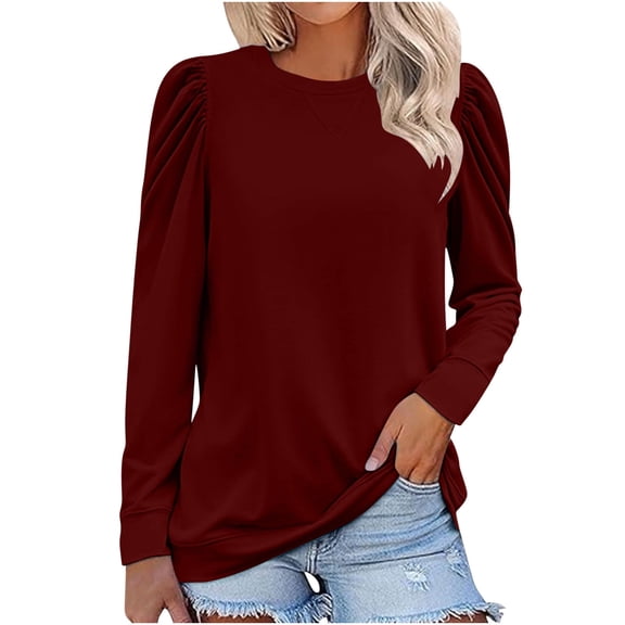 Uaswgudfs Fall Tops for Women 2024 Long Puff Sleeve Shirts Casual Comfy Crewneck Pullover Top Soft Tunics Red Sweatshirt XXL