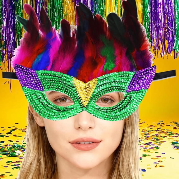 Uaswgudfs Feather Glitter Masquerade Mask Carnival Party Mask Mardi Gras Costume – Colorful Eye Mask with Feather Headdress