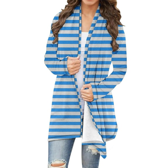 Uaswgudfs Fleece-Lined Cardigan Coat: Windproof Autumn Longline with Stripes & Versatile Daily Wear Design