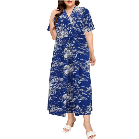 Uaswgudfs ​Floral Women's V-Neck Short Sleeve Midi Dress​ - Cotton Chiffon Summer 2025 Flow Style for Women Blue 2XL