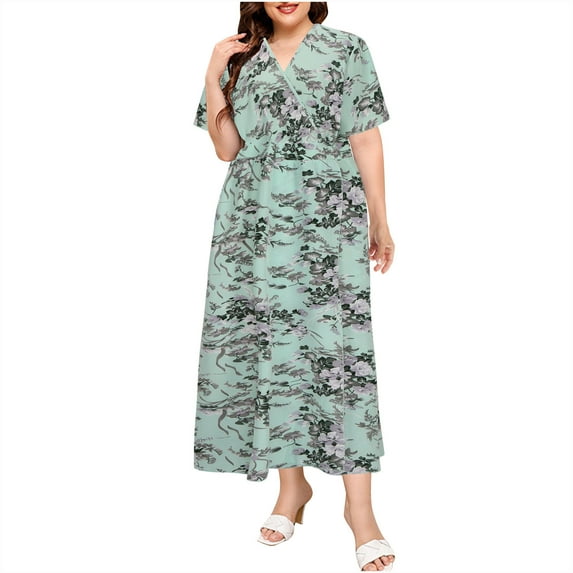 Uaswgudfs Floral Women's V-Neck Short Sleeve Midi Dress - Cotton Chiffon Summer 2025 Flow Style for Women Light Blue XL