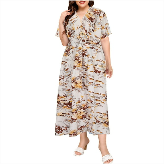 Uaswgudfs ​Floral Women's V-Neck Short Sleeve Midi Dress​ - Cotton Chiffon Summer 2025 Flow Style for Women White 2XL