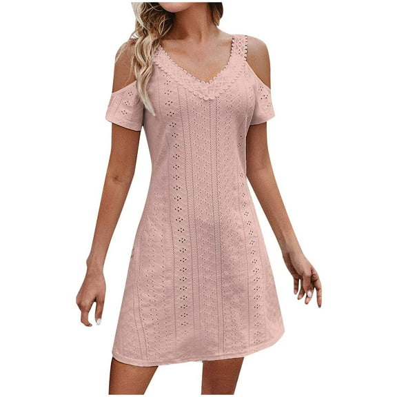 Uaswgudfs Flowy Sleeveless V-Neck Cold-Shoulder Casual Dress: 2025 Summer Knee-Length Embroidery & Sheer Mesh Accents for Women Pink XL