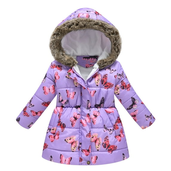 Uaswgudfs Girls Winter Jacket Hooded Zip Up Windproof Coats Warm Parka Winter Clothes Floral Butterfly Outerwear, Purple 8-15T