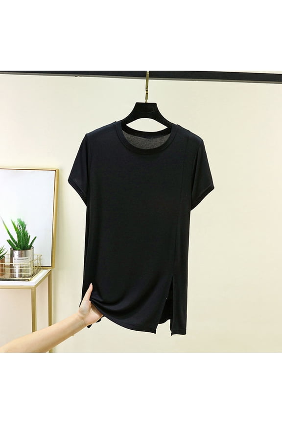 Going Out Tops for Women Casual Crew Neck Short Sleeve Tops Summer Spring Modal Blend Side Split Tunic Blouse