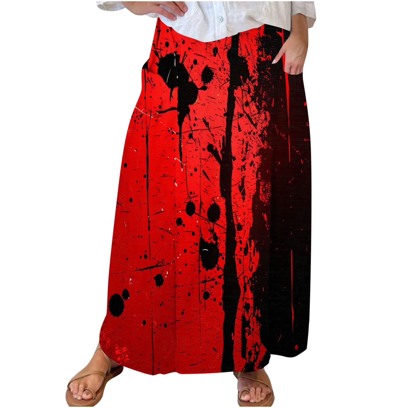 Uaswgudfs Halloween Printed Maxi Skirts for Women High Waisted Flowy Loose Fit Long Skirt with Pockets Black XL