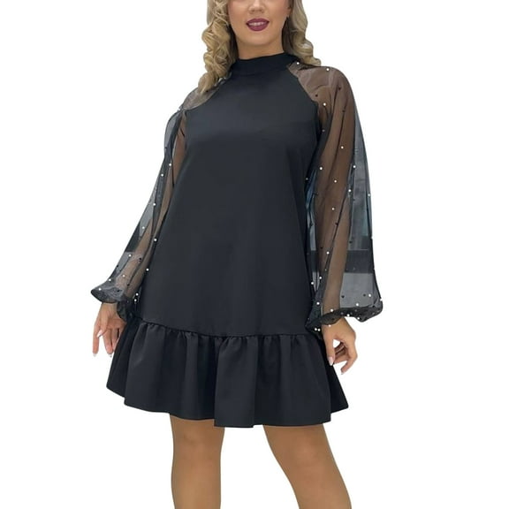 Uaswgudfs High Neck Long Sleeve Summer Casual Dress for Women - Midi Dress with Ruffled Hem & Pleated Lace Accents, Lightweight & Breathable Daily Wear Black L