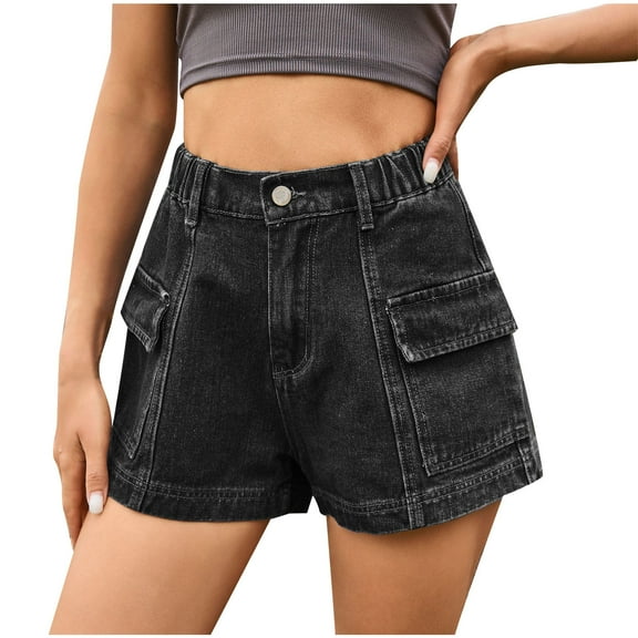 Uaswgudfs High-Waisted Jean Shorts for Women - Utility Pockets & Seam Detailing 3.5" Inseam Summer Style Black L