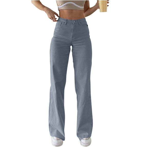 Uaswgudfs Jeans for Women Teen Girl High Waisted Relaxed Fit Stretchy Boyfriend Jeans Blue L