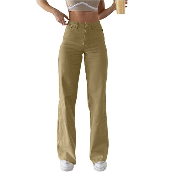 Uaswgudfs Jeans for Women Teen Girl High Waisted Relaxed Fit Stretchy Boyfriend Jeans Khaki S