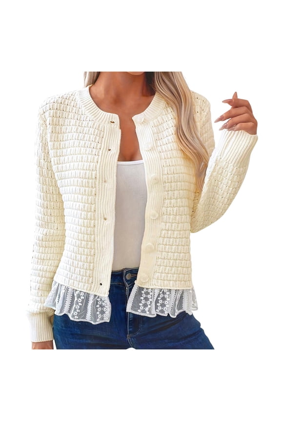 ​Lace-Hem Knit Coat: Women's Autumn Round Neck Button-Front Design, Textured Slightly Loose Fit Casual Outerwear​