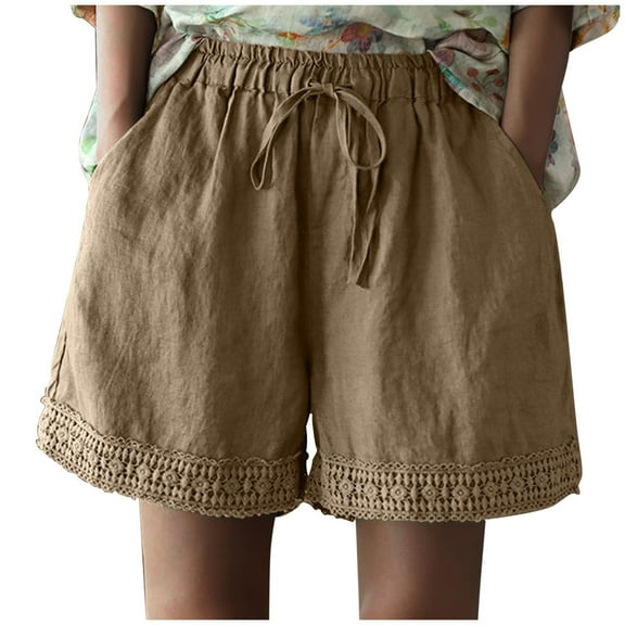 Uaswgudfs Lace-Trim Women's Summer Shorts - Cotton Blend Elastic Waist 3.5" Inseam Casual Comfort​ Brown L