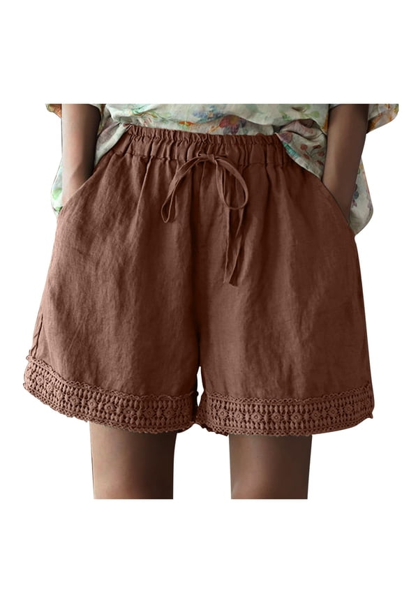 Lace-Trim Women's Summer Shorts - Cotton Blend Elastic Waist 3.5" Inseam Casual Comfort​ Coffee L