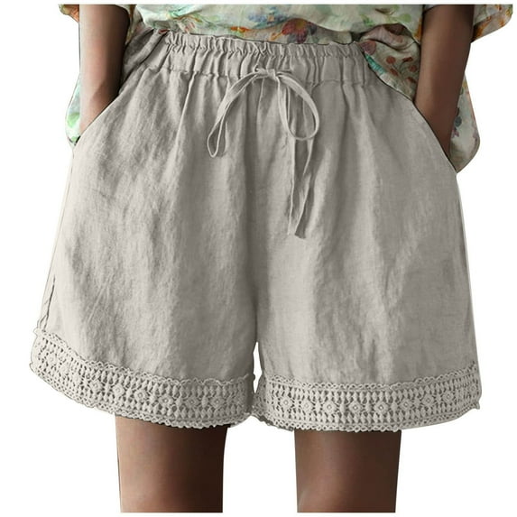 Uaswgudfs Lace-Trim Women's Summer Shorts - Cotton Blend Elastic Waist 3.5" Inseam Casual Comfort White M