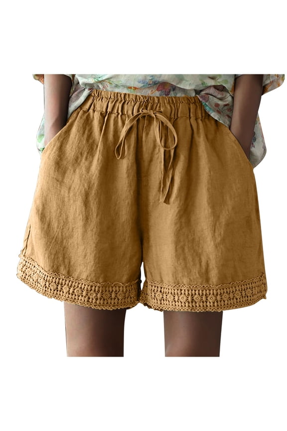 Lace-Trim Women's Summer Shorts - Cotton Blend Elastic Waist 3.5" Inseam Casual Comfort​ Yellow L