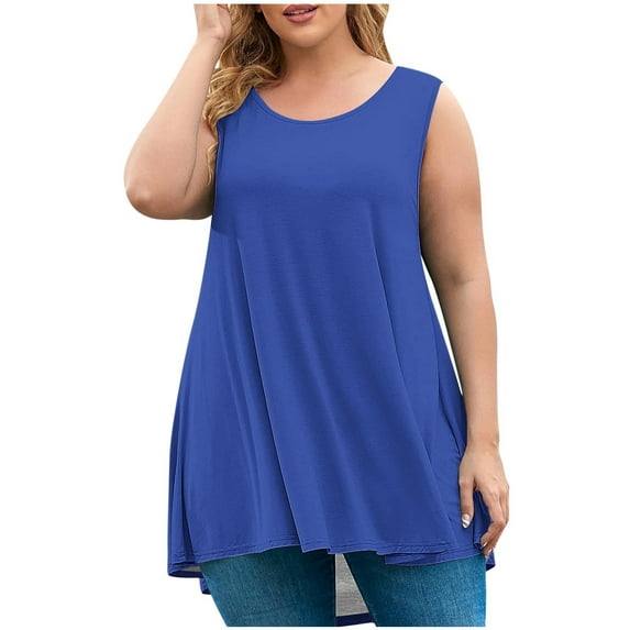 Uaswgudfs Long Tank Tops for Women Plus Size Sleevelss Tunic Casual Summer Clothes Swing Shirts Boat Neck Blouse