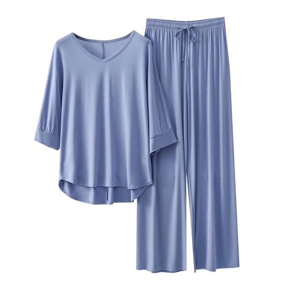Uaswgudfs Lounge Sets for Women Lightweight fabrics Half Sleeve V-Neck Tops and Long Pants Soft Comfy Pajamas Set 2 Piece Outfits