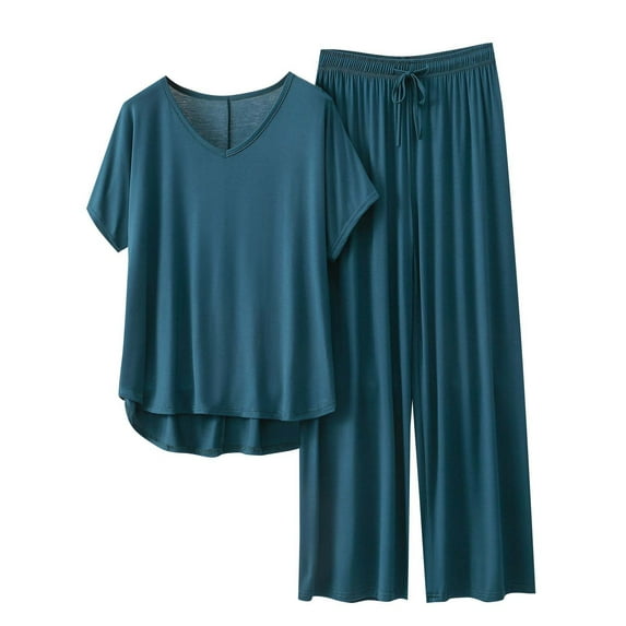 Uaswgudfs Lounge Sets for Women Lightweight fabrics Short Sleeve V-Neck Tops and Long Pants Soft Comfy Pajamas Set 2 Piece Outfits