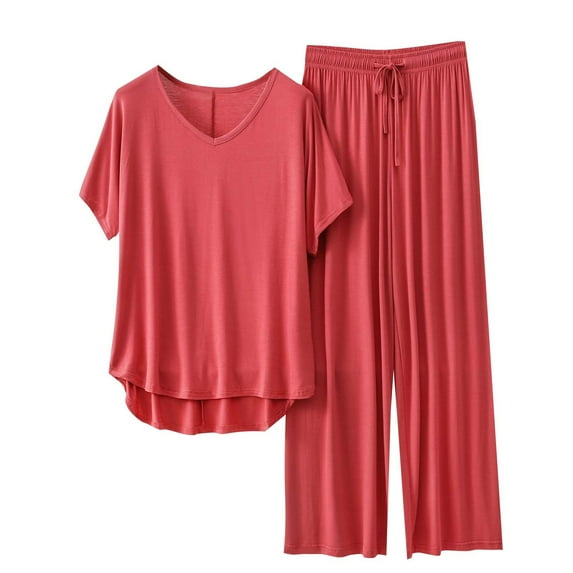 Uaswgudfs Lounge Sets for Women Lightweight fabrics Short Sleeve V-Neck Tops and Long Pants Soft Comfy Pajamas Set 2 Piece Outfits