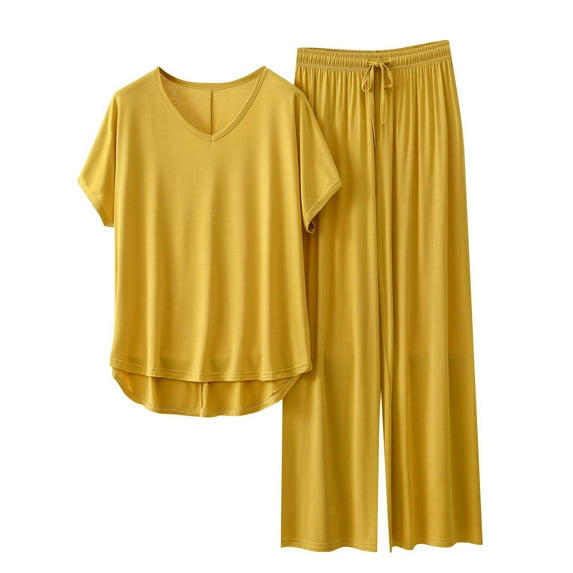 Uaswgudfs Lounge Sets for Women Lightweight fabrics Short Sleeve V-Neck Tops and Long Pants Soft Comfy Pajamas Set 2 Piece Outfits