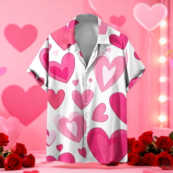 Uaswgudfs Men's Valentine's Day Shirt - Short Sleeve Button Down Shirt, Casual Collared Top with Pink Heart Print, Men's Graphic Printed Shirt, Fashion Leisure Blouse