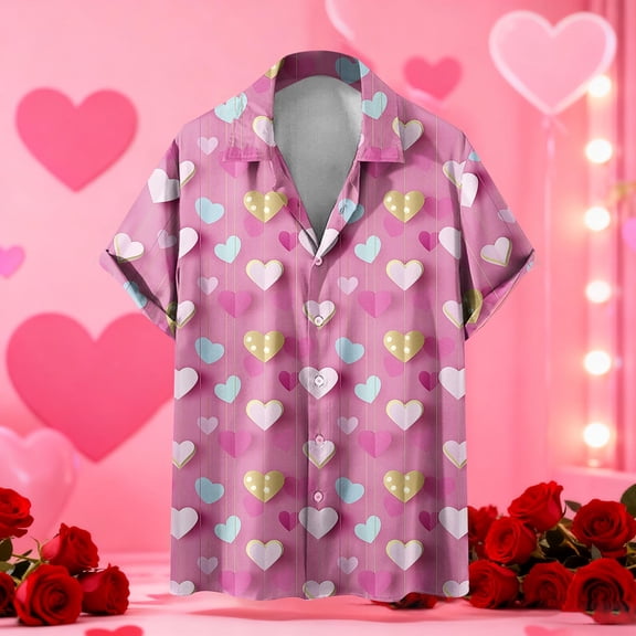 Uaswgudfs Men's Valentine's Day Shirt - Short Sleeve Button Down Shirt, Casual Collared Top Shirt, Fashion Leisure Blouse for Men’s Daily & Valentine’s Outfits