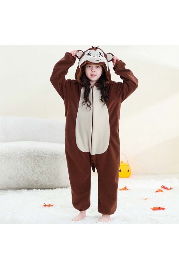 Monkey Onesie Animal Costume, 3-12Years Plush Pajamas One-Piece Hooded Romper Sleepwear Loungewear