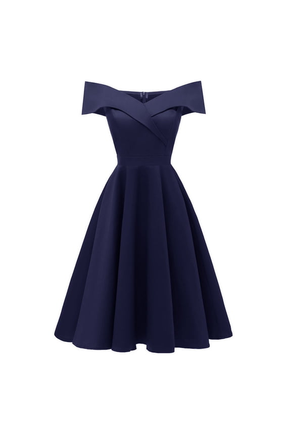 Off-Shoulder Sleeveless A-Line Dress: Flowy Summer Casual Essential with Defined Waist Navy M