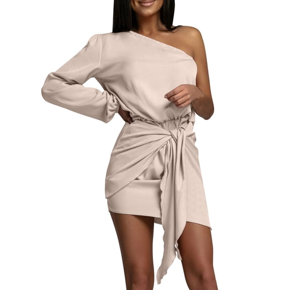 Uaswgudfs ​One-Shoulder Long Sleeve Formal & Casual Dress for Women​ - Asymmetrical Fitted Silky Dress with Tied Sash Waist, Summer Midi Dress for Evening Events & Parties Beige 2XL