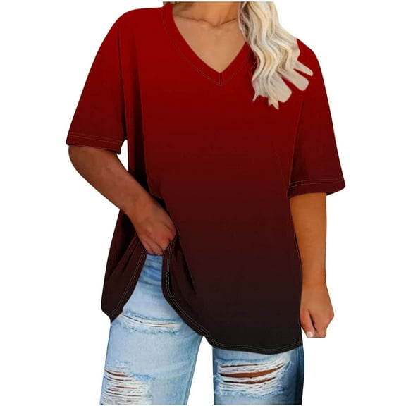 Uaswgudfs Oversiez Top for Women's Plus Size Summer V-Neck Short Sleeve T-Shirt with Curved Hemline Design Blouse