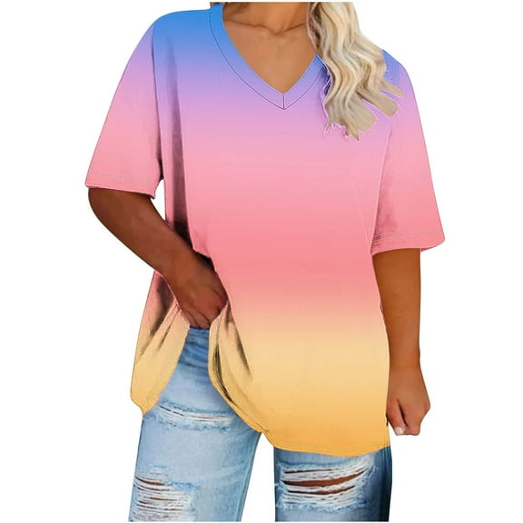 Uaswgudfs Oversiez Top for Women's Plus Size Summer V-Neck Short Sleeve T-Shirt with Curved Hemline Design Blouse